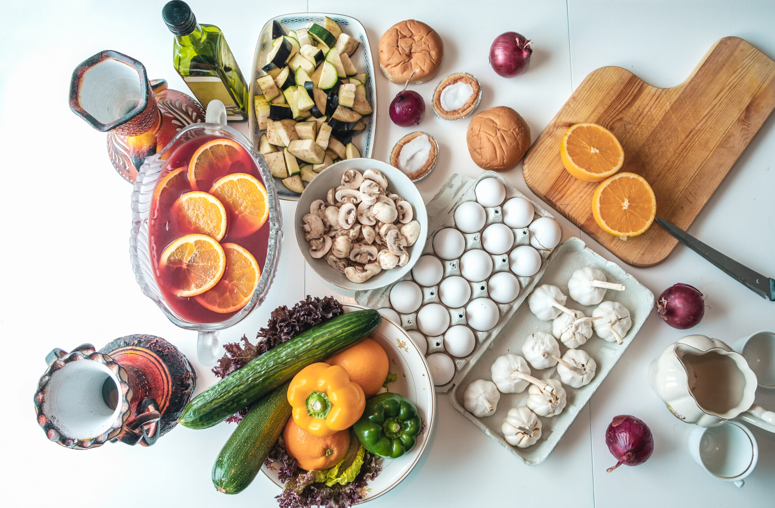 Top view, Ingredient food with vegetables and fruits and kitchen